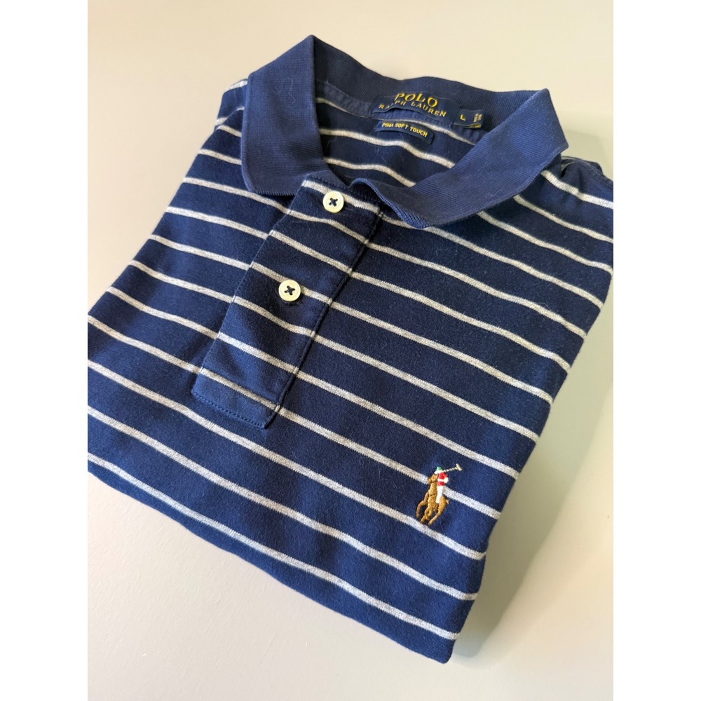 Polo Ralph Lauren Mens Large Navy Blue White Striped Pima Soft Touch Polo Shirt